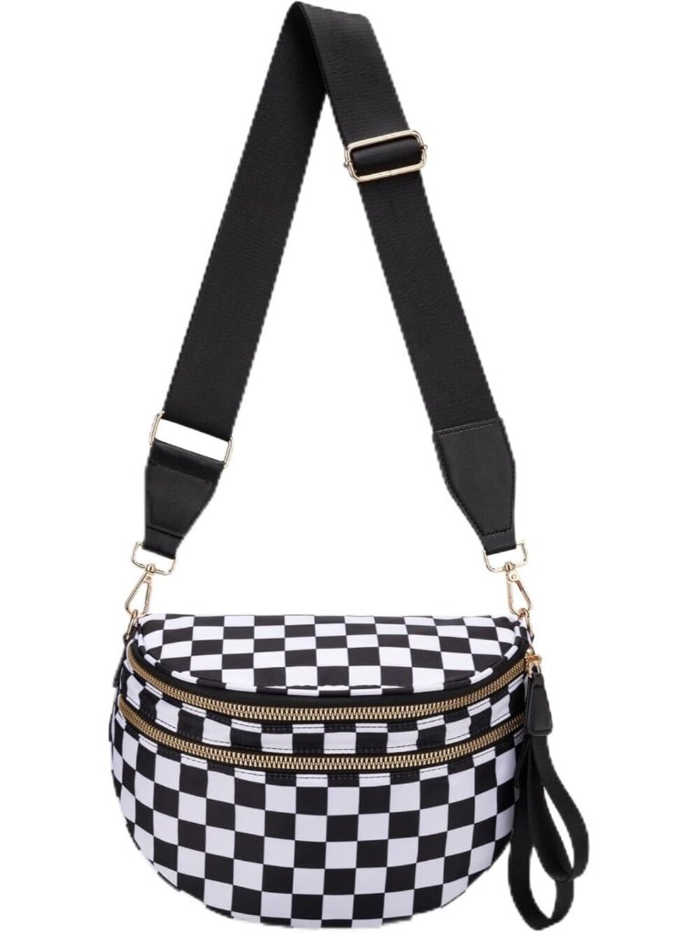 Women's Black Spacious Checkered Double-Zipper Compartment Fashion Crossbody Bag